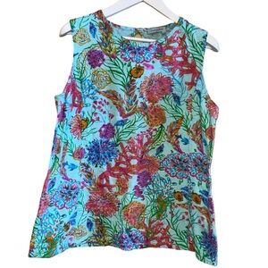Fresh Produce Sleeveless Top in Aqua w/ multicolored Beachy pattern 1X